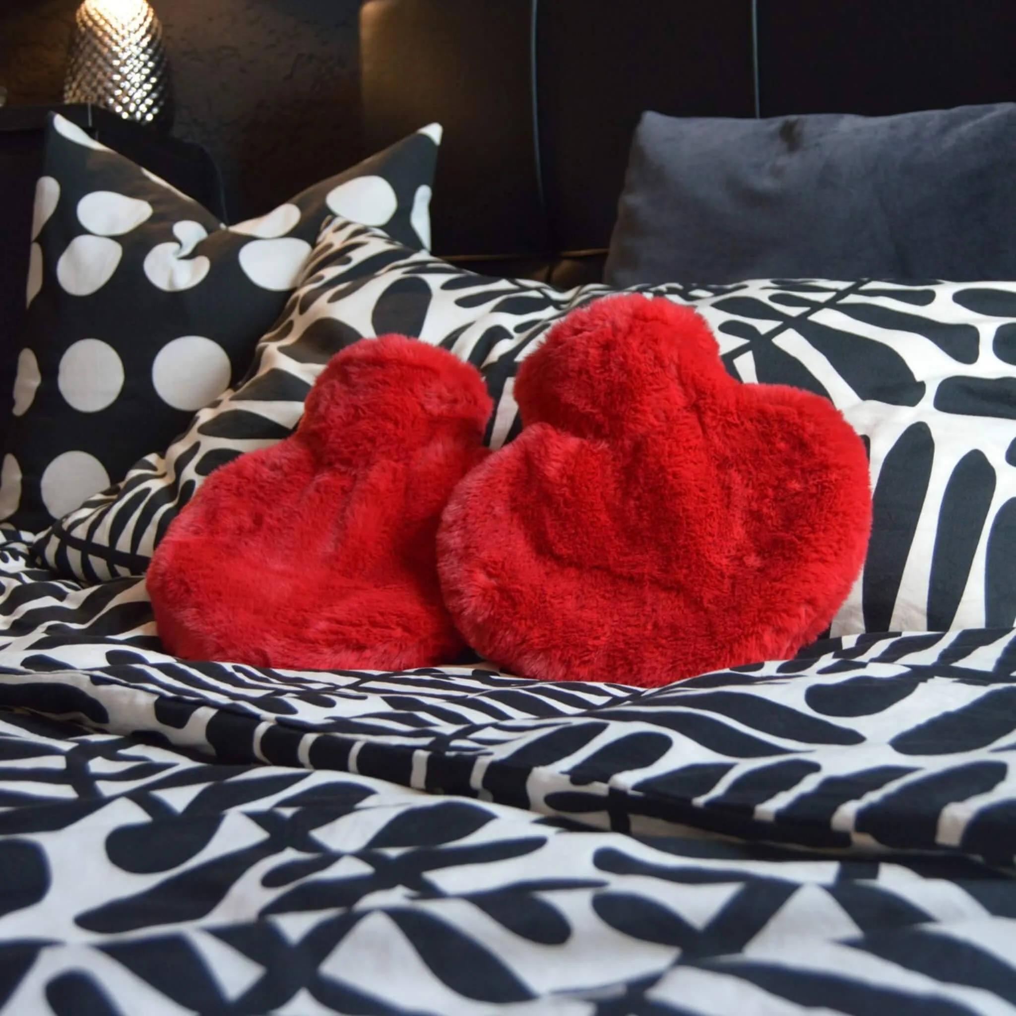 1 Litre Heart Shaped Hot Water Bottle with Fire Red Long Hair Faux Fur Cover (rubberless)