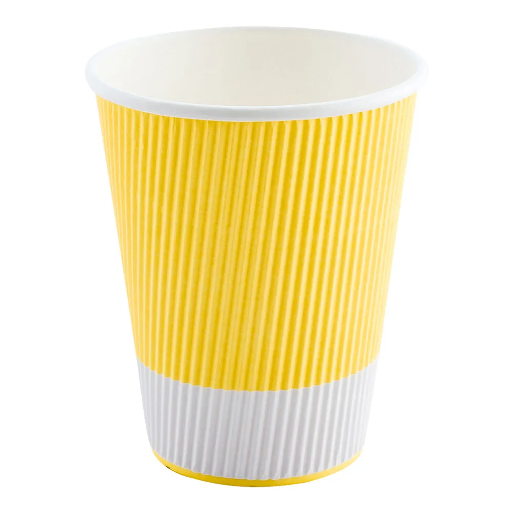 12 oz Light Yellow Paper Coffee Cup - Ripple Wall - 3 1/2" x 3 1/2" x 4 1/4" - 25 count box