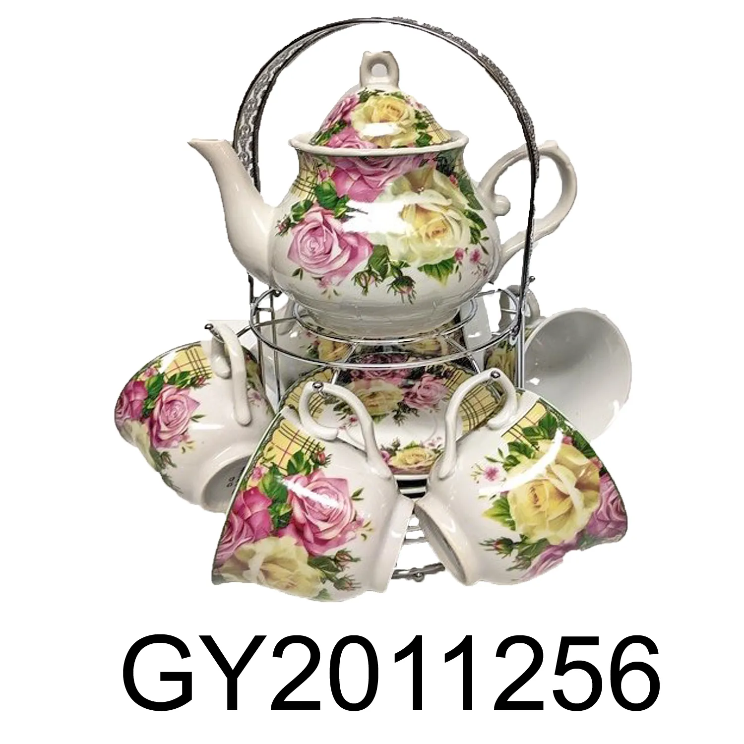 15 PC Pink And Yellow Roses Tea Set