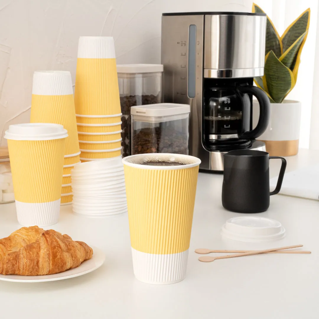 16 oz Light Yellow Paper Ripple Wall Coffee Cup - with White Lid - 3 1/2" x 3 1/2" x 6 1/4" - 20 count box