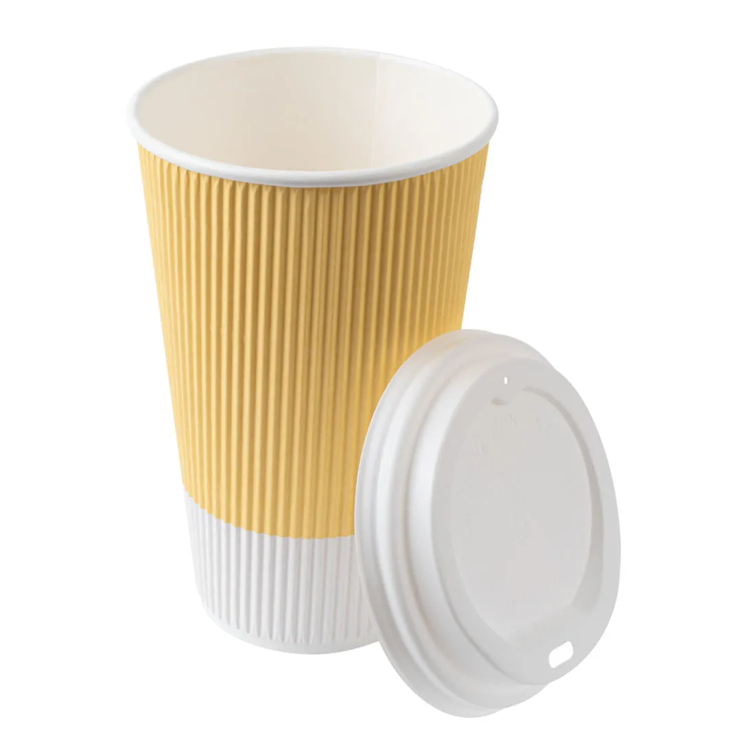 16 oz Light Yellow Paper Ripple Wall Coffee Cup - with White Lid - 3 1/2" x 3 1/2" x 6 1/4" - 20 count box