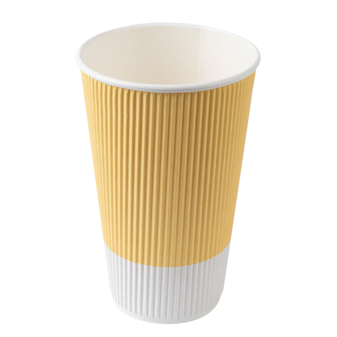 16 oz Light Yellow Paper Ripple Wall Coffee Cup - with White Lid - 3 1/2" x 3 1/2" x 6 1/4" - 20 count box