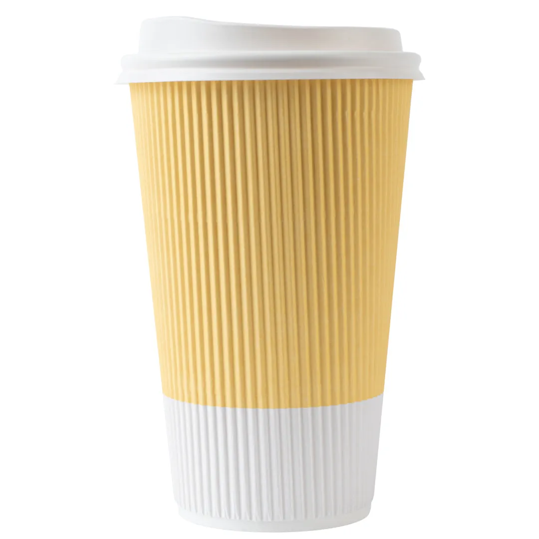 16 oz Light Yellow Paper Ripple Wall Coffee Cup - with White Lid - 3 1/2" x 3 1/2" x 6 1/4" - 20 count box