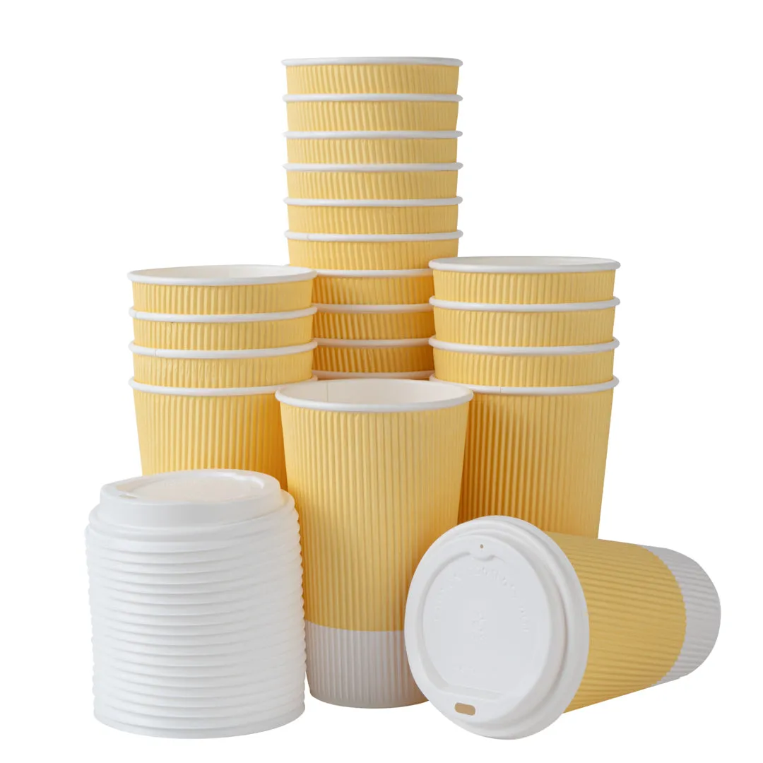 16 oz Light Yellow Paper Ripple Wall Coffee Cup - with White Lid - 3 1/2" x 3 1/2" x 6 1/4" - 20 count box