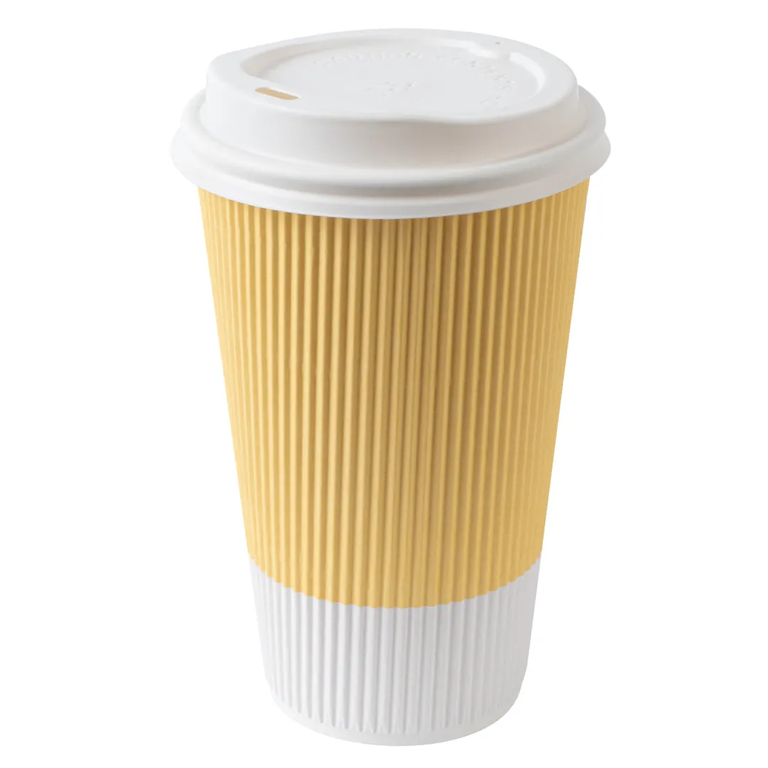 16 oz Light Yellow Paper Ripple Wall Coffee Cup - with White Lid - 3 1/2" x 3 1/2" x 6 1/4" - 20 count box