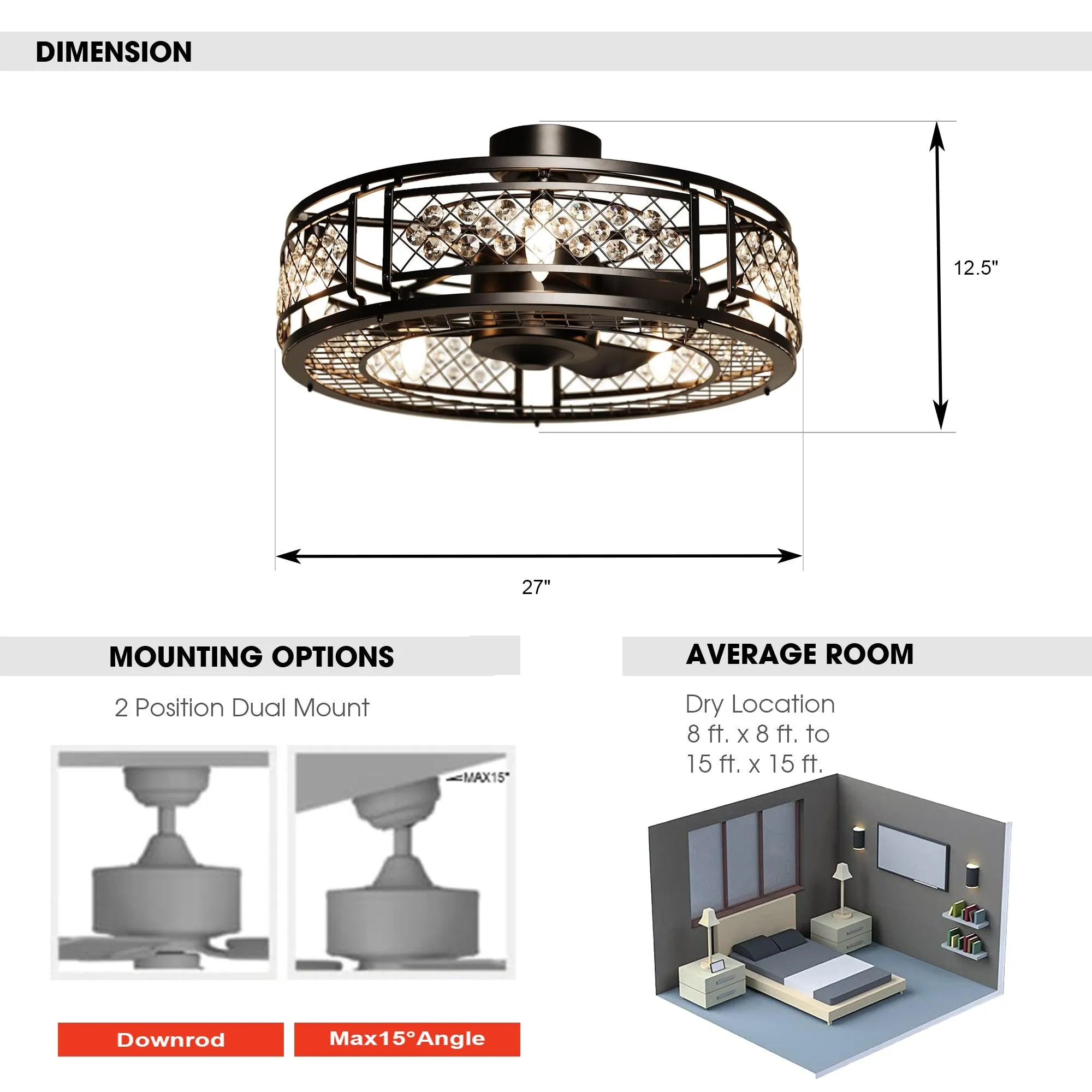 27" Wright Modern DC Motor Downrod Mount Reversible Crystal Ceiling Fan with Lighting and Remote Control