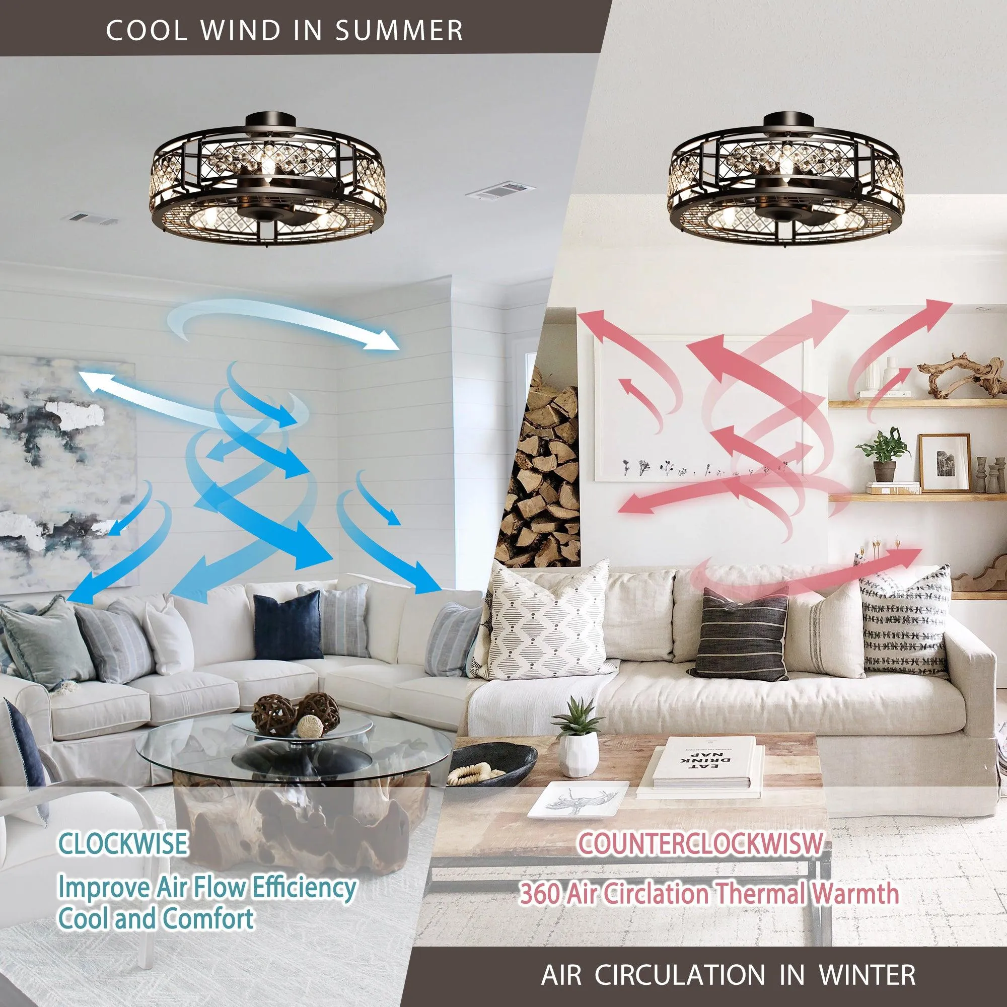 27" Wright Modern DC Motor Downrod Mount Reversible Crystal Ceiling Fan with Lighting and Remote Control