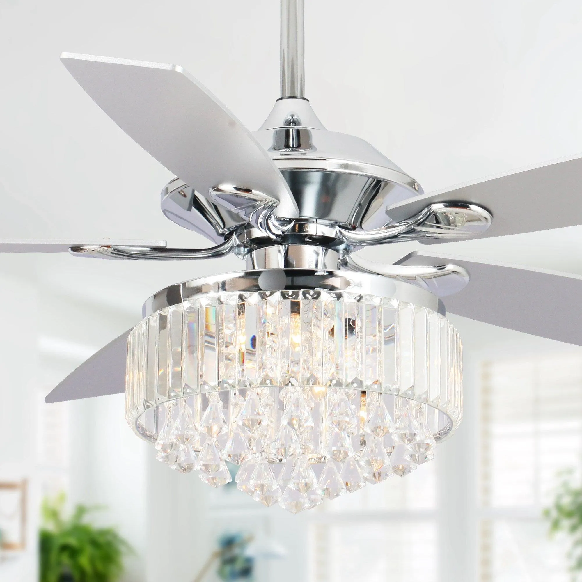 52" Elkton Modern Chrome Downrod Mount Reversible Crystal Ceiling Fan with Lighting and Remote Control