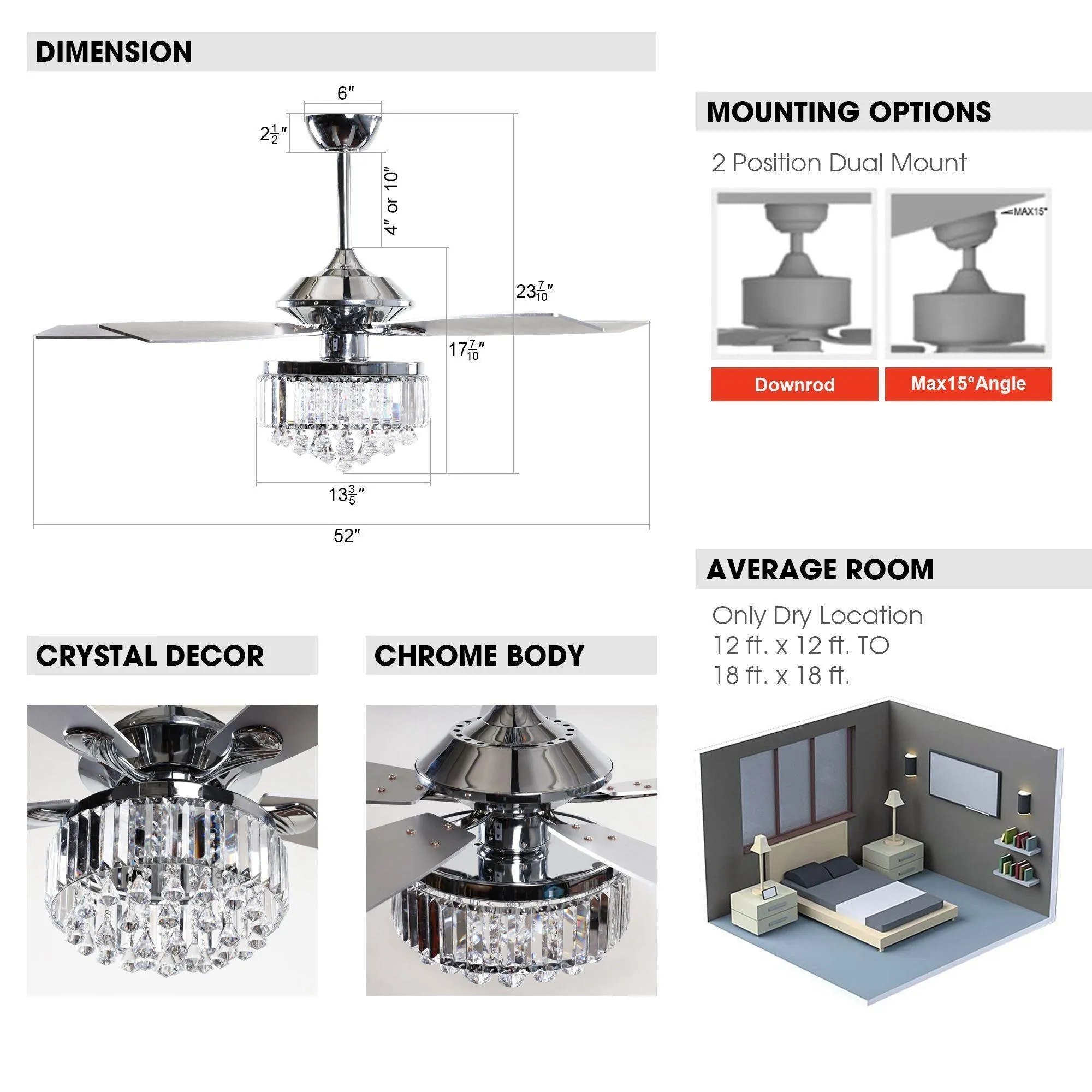 52" Elkton Modern Chrome Downrod Mount Reversible Crystal Ceiling Fan with Lighting and Remote Control