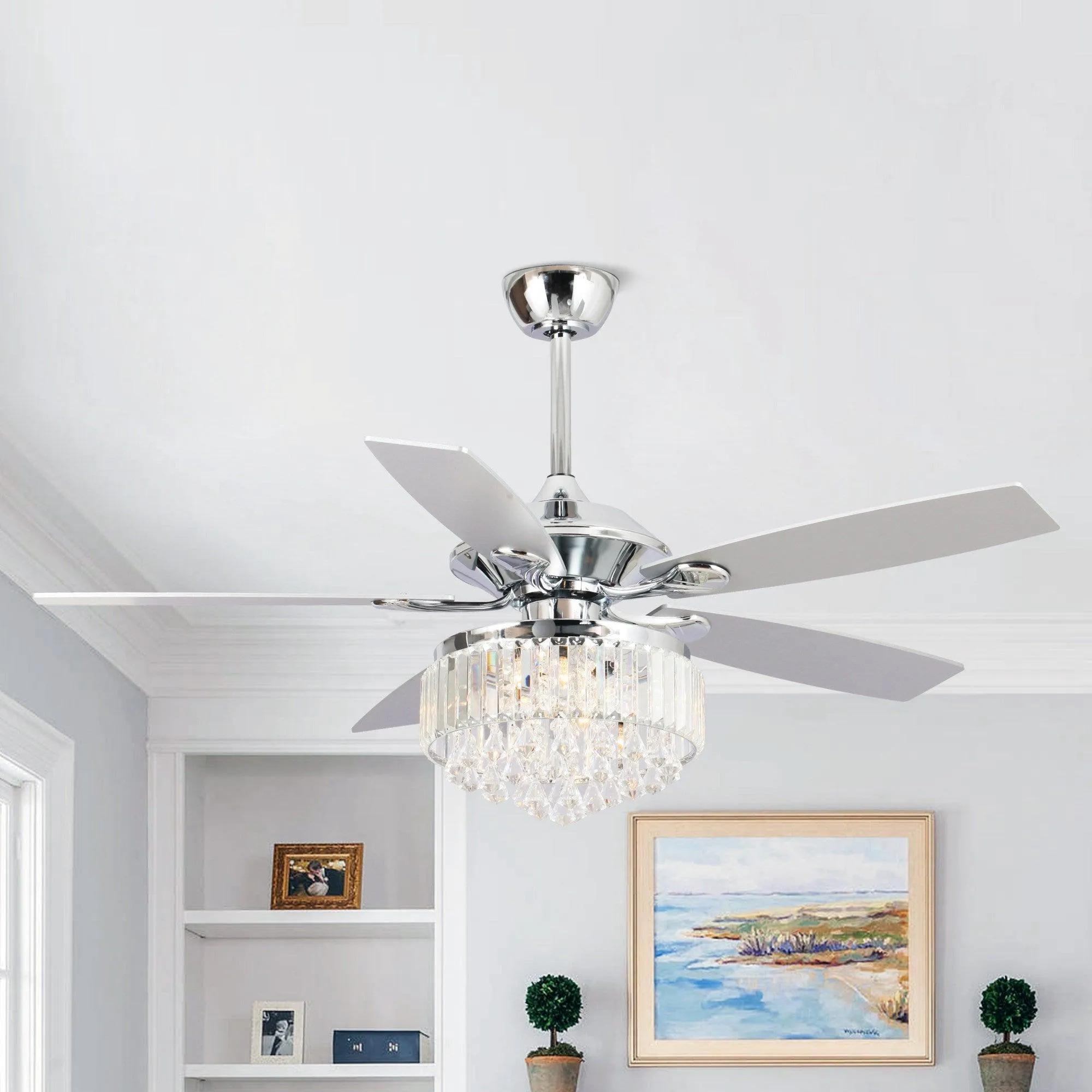 52" Elkton Modern Chrome Downrod Mount Reversible Crystal Ceiling Fan with Lighting and Remote Control