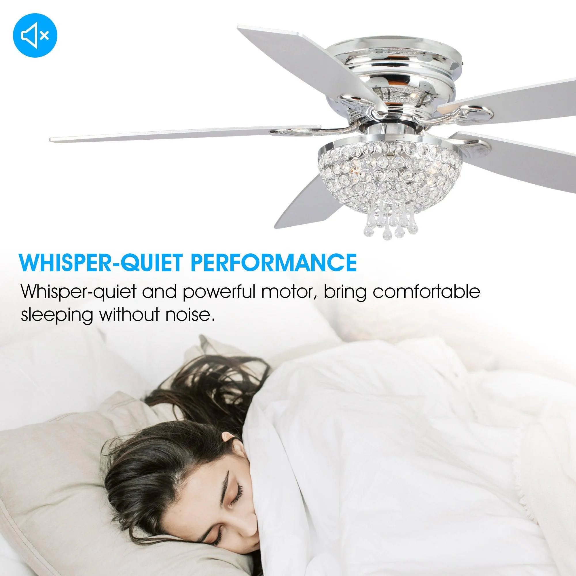 52" Kanpur Modern Chrome Flush Mount Reversible Crystal Ceiling Fan with Lighting and Remote Control