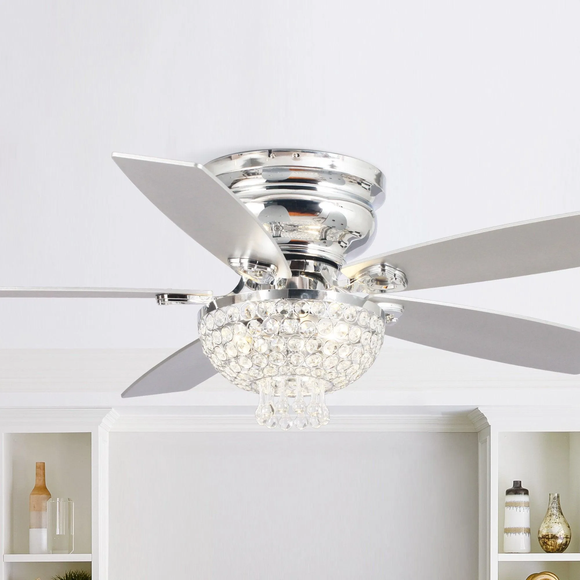 52" Kanpur Modern Chrome Flush Mount Reversible Crystal Ceiling Fan with Lighting and Remote Control