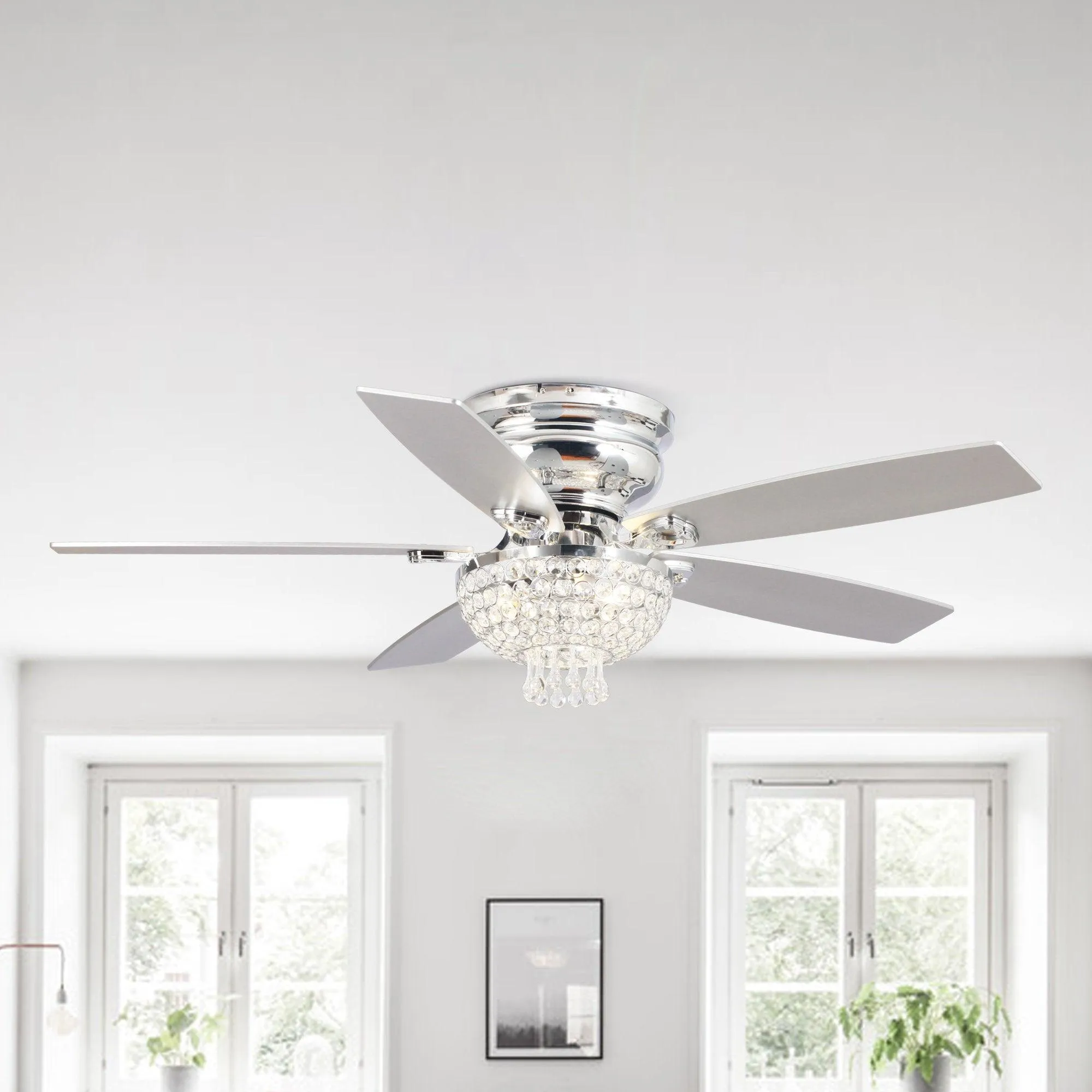 52" Kanpur Modern Chrome Flush Mount Reversible Crystal Ceiling Fan with Lighting and Remote Control