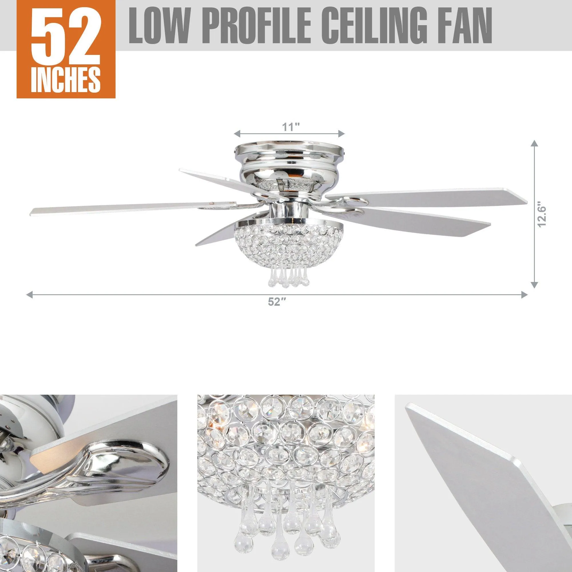 52" Kanpur Modern Chrome Flush Mount Reversible Crystal Ceiling Fan with Lighting and Remote Control