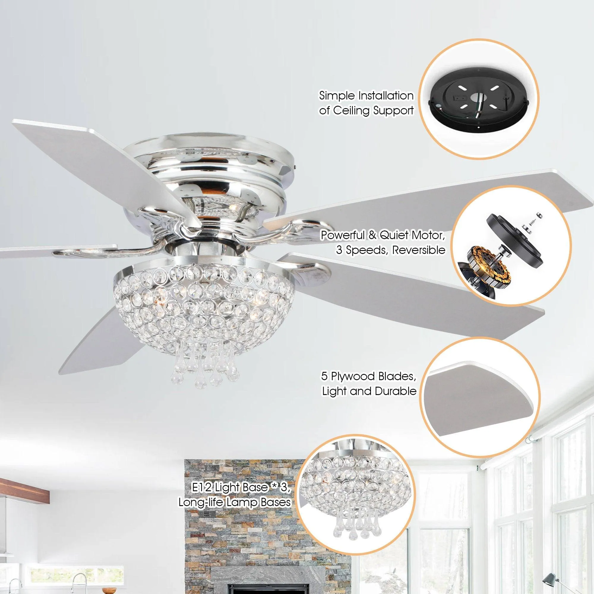 52" Kanpur Modern Chrome Flush Mount Reversible Crystal Ceiling Fan with Lighting and Remote Control