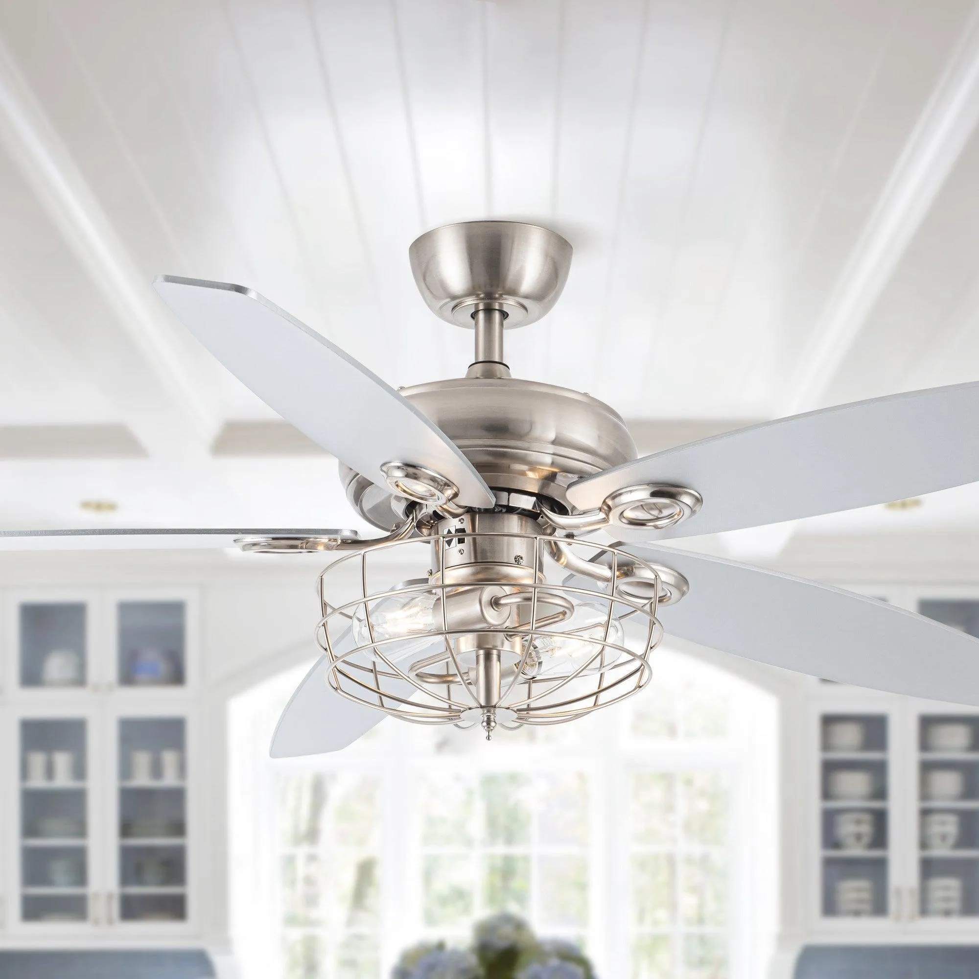 52" Kyla Industrial Brushed Nickel Reversible Caged Ceiling Fan with Lighting