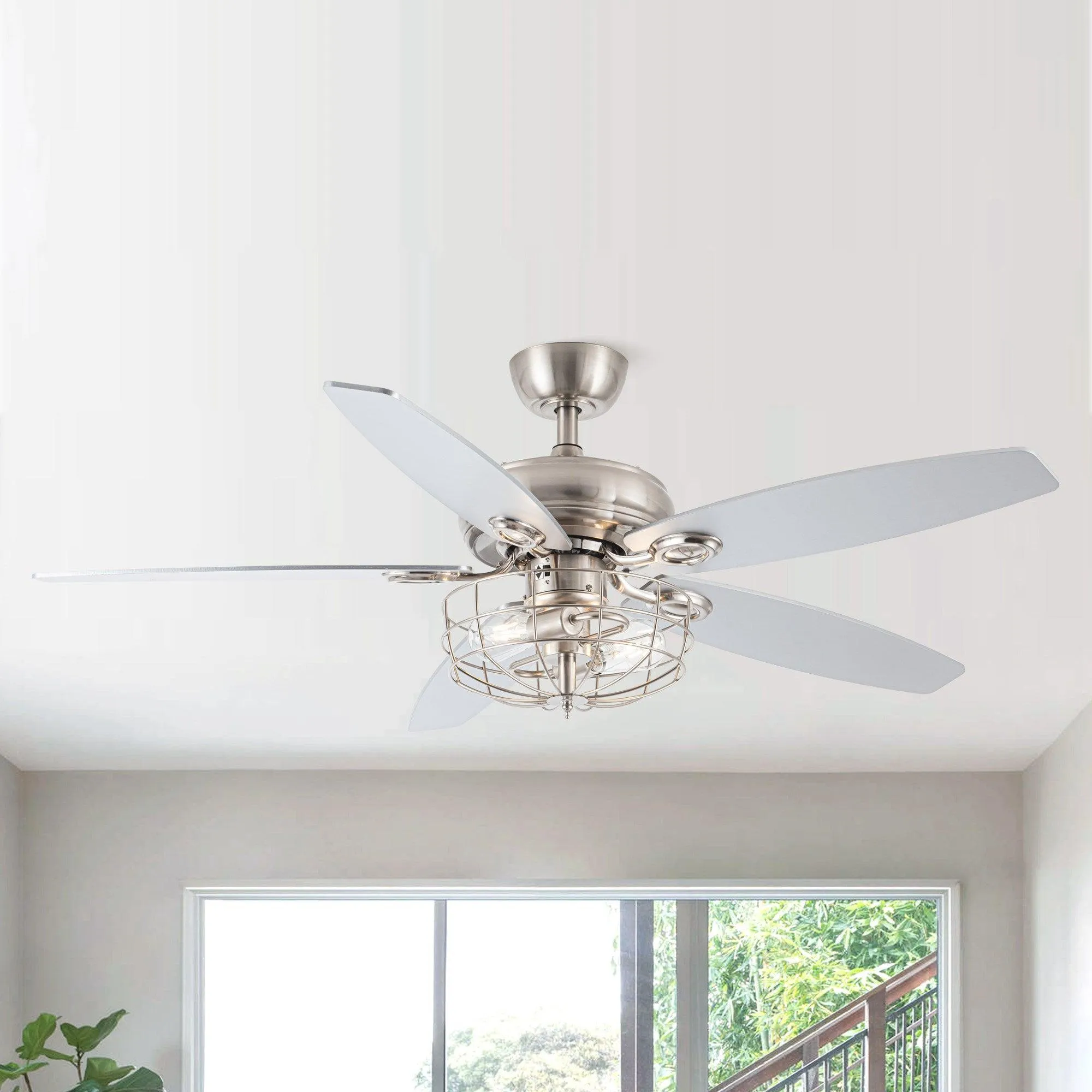 52" Kyla Industrial Brushed Nickel Reversible Caged Ceiling Fan with Lighting