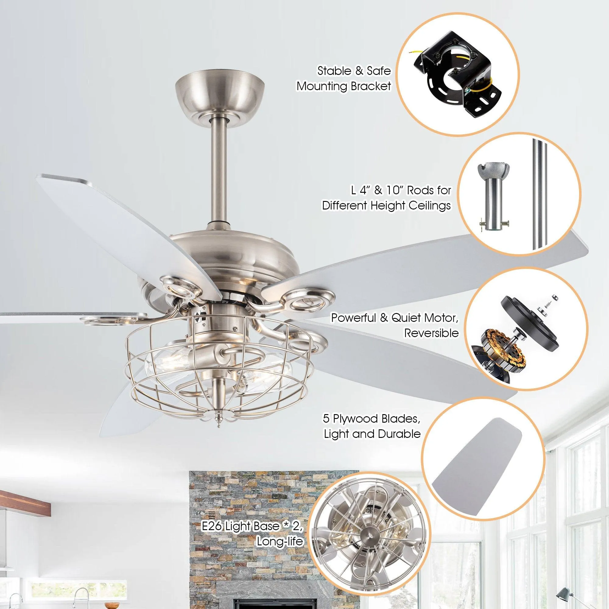 52" Kyla Industrial Brushed Nickel Reversible Caged Ceiling Fan with Lighting