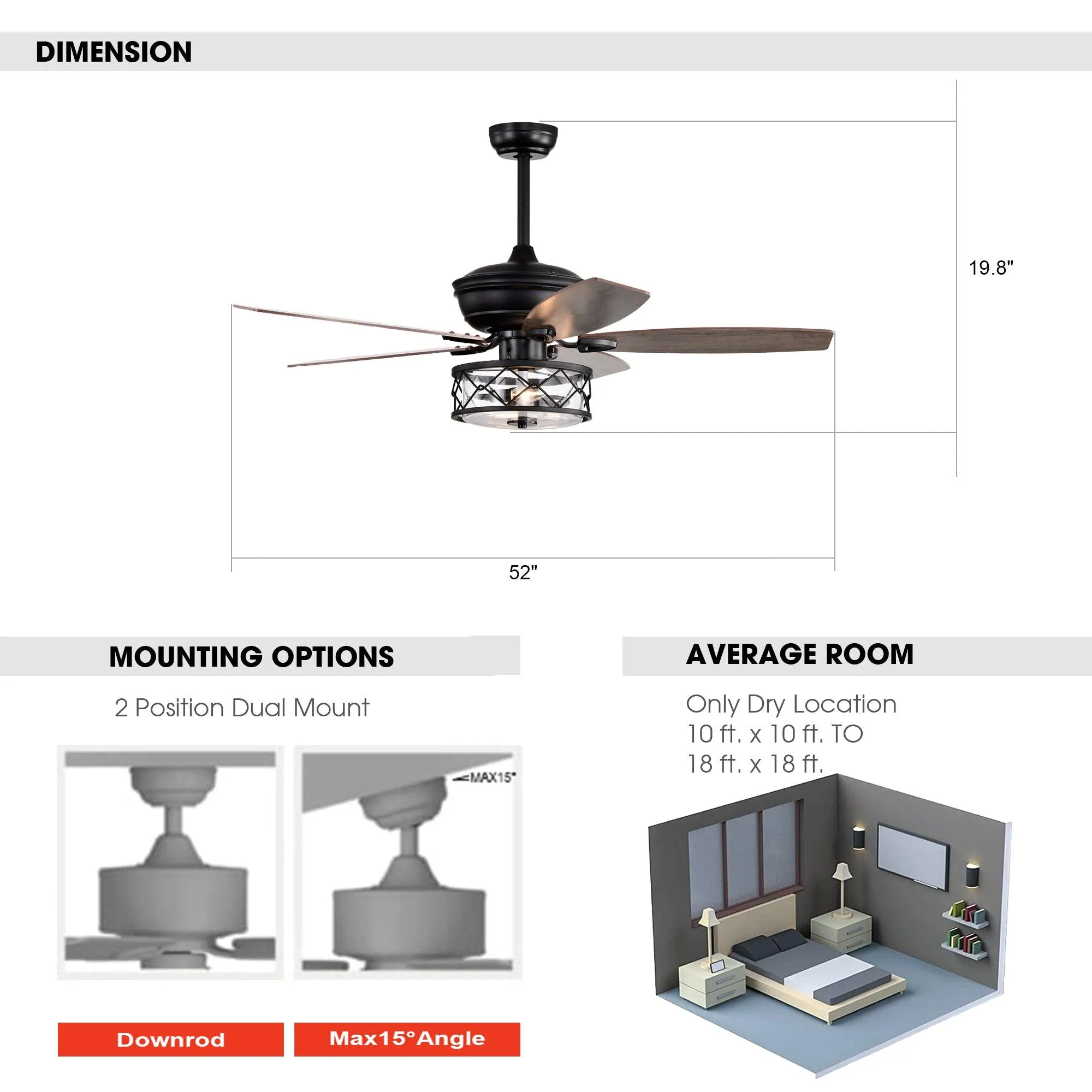 52" Nilgril Farmhouse Downrod Mount Reversible Ceiling Fan with Lighting and Remote Control