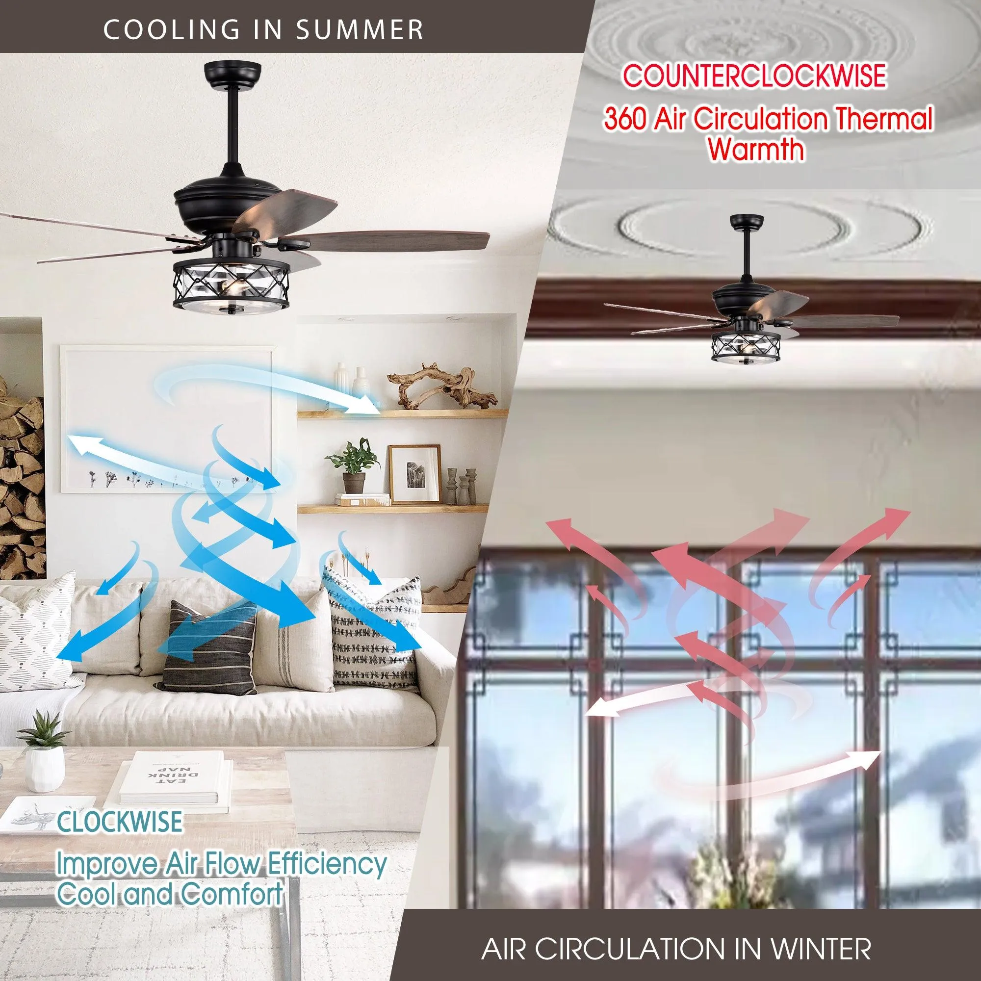 52" Nilgril Farmhouse Downrod Mount Reversible Ceiling Fan with Lighting and Remote Control