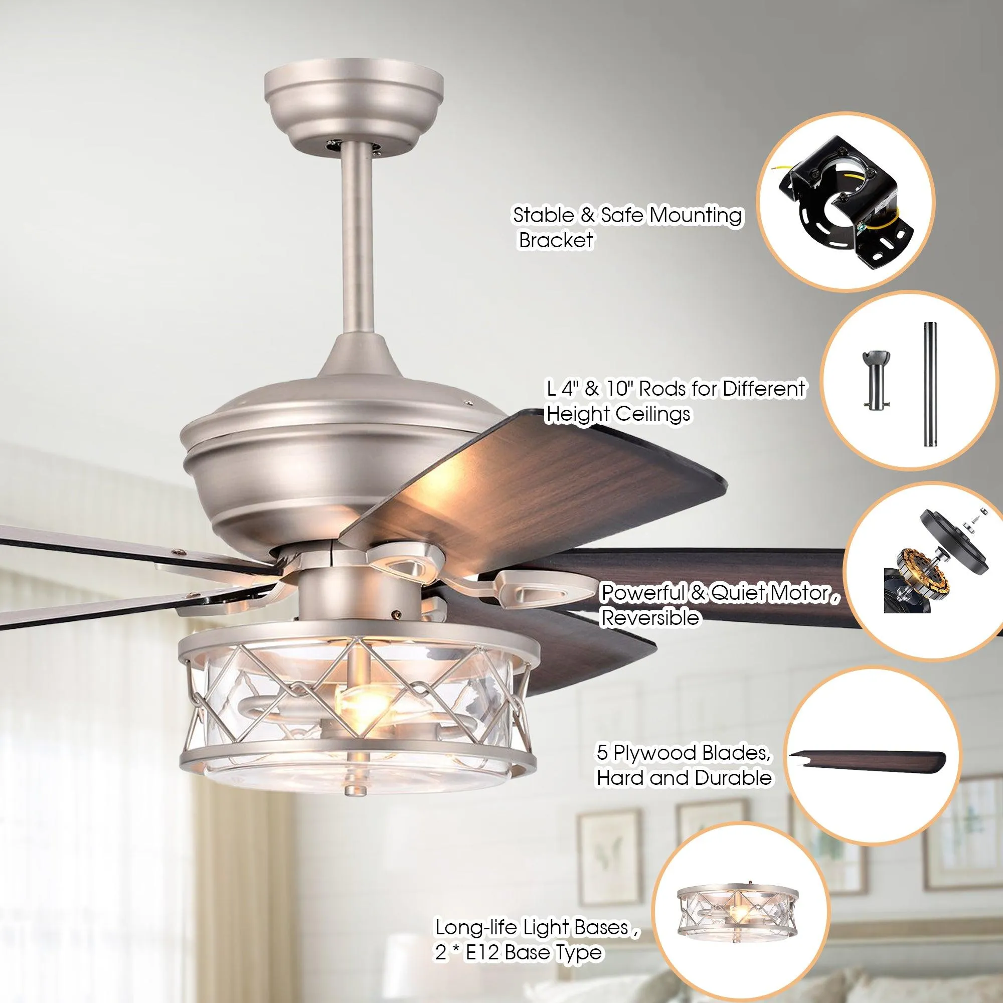 52" Nilgril Farmhouse Downrod Mount Reversible Ceiling Fan with Lighting and Remote Control