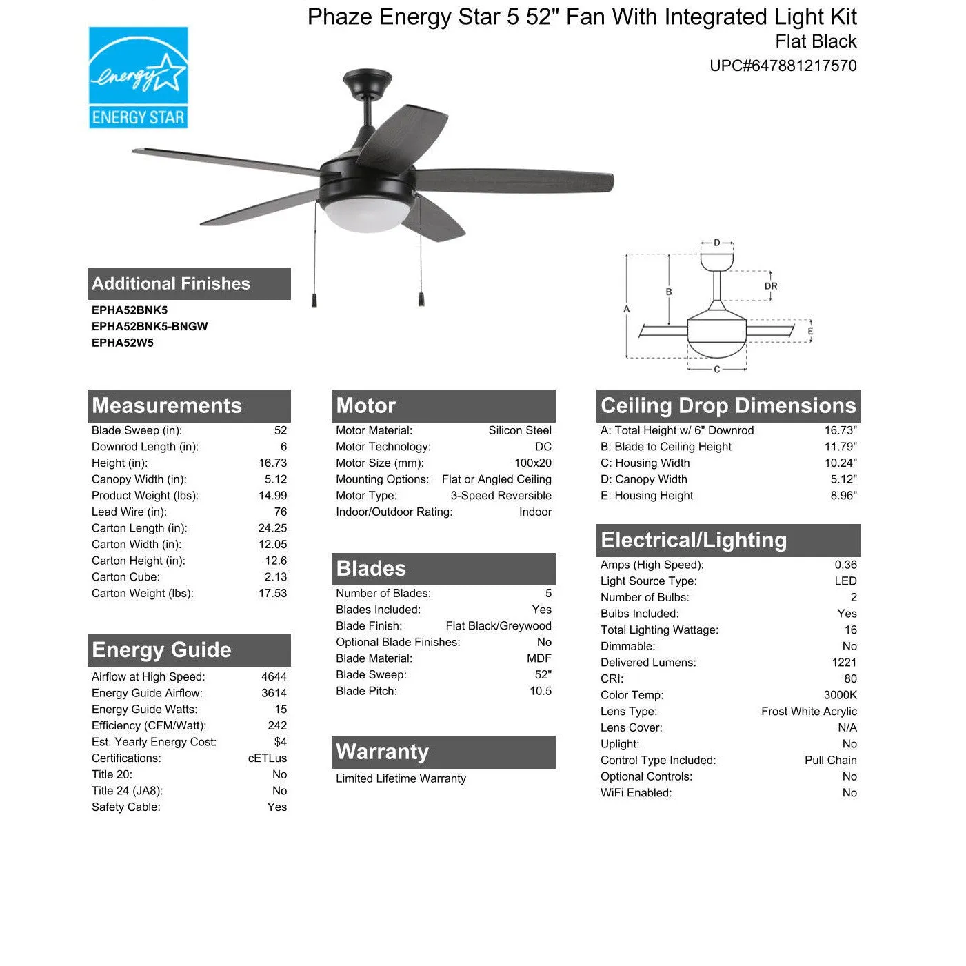 52" Phaze Energy Star 5 in Flat Black  w/ Flat Black/Greywood Blades