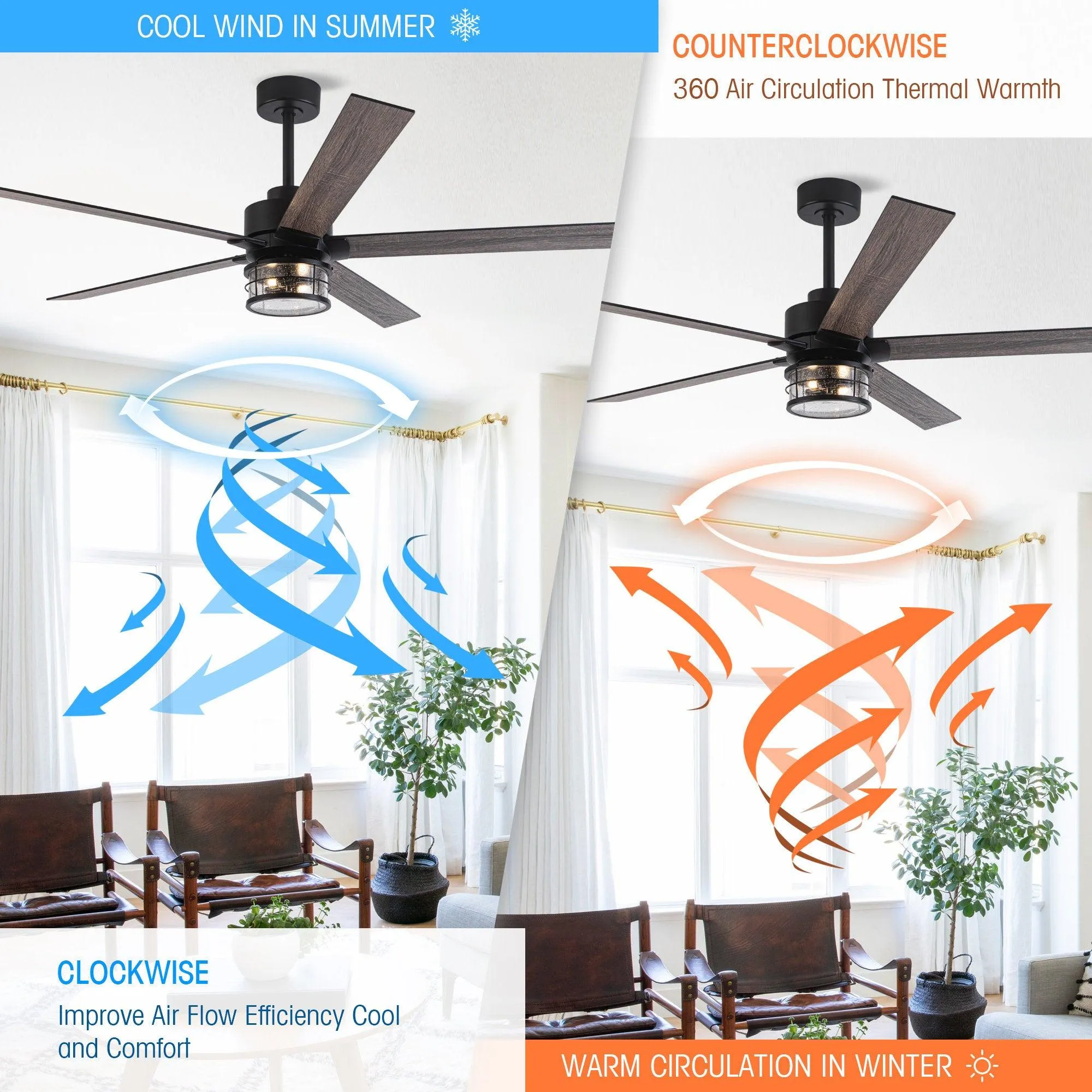 65" Modern Reversible Ceiling Fan with Lighting and Remote Control