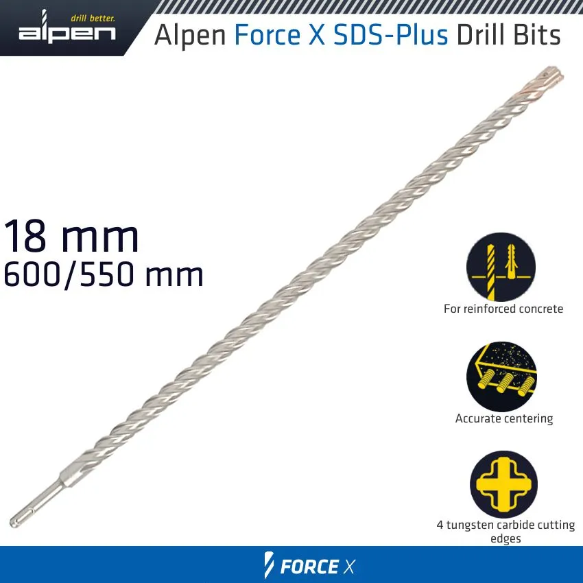 ALPEN FORCE X 18.0 x 600/550  SDS-PLUS DRILL BIT X4 CUTTING EDGES ALP905018