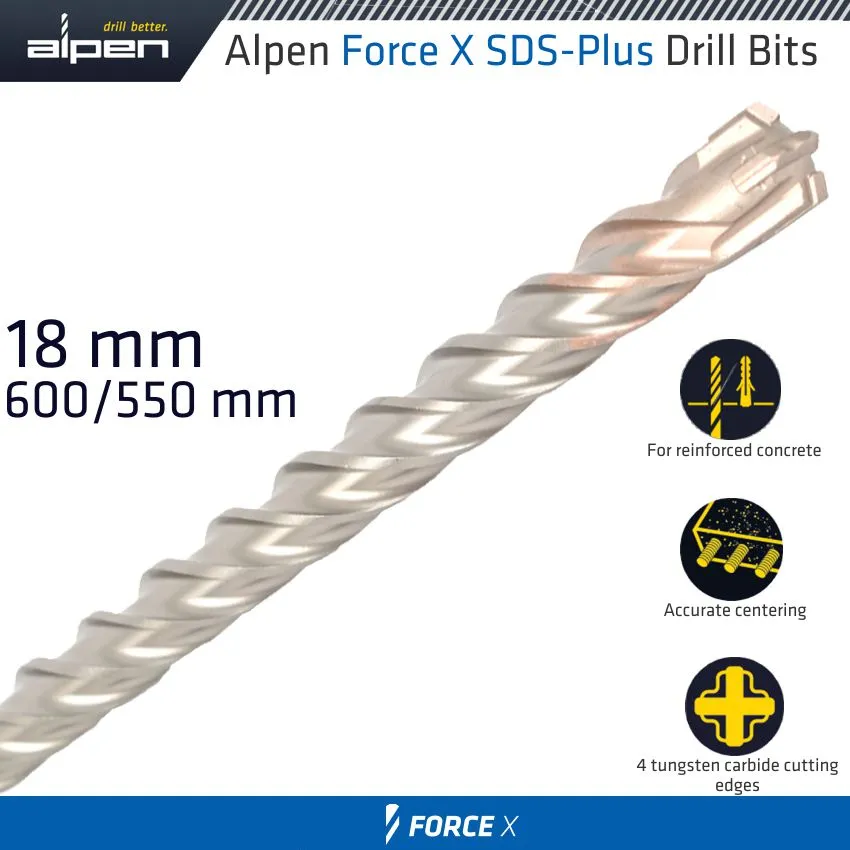 ALPEN FORCE X 18.0 x 600/550  SDS-PLUS DRILL BIT X4 CUTTING EDGES ALP905018