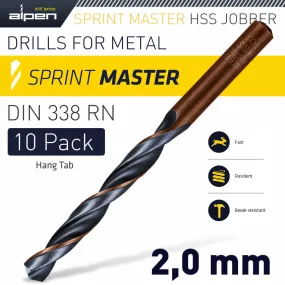 ALPEN HSS SPRINT MASTER 2.0MM 10-PACK HANG TAG DIN 338 ALPEN DRILL BITS ALP6310020