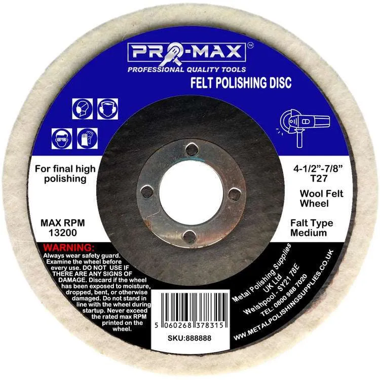 Angle Grinder Felt Wheel 8mm x 115mm (4.5") - Pro-Max Professional