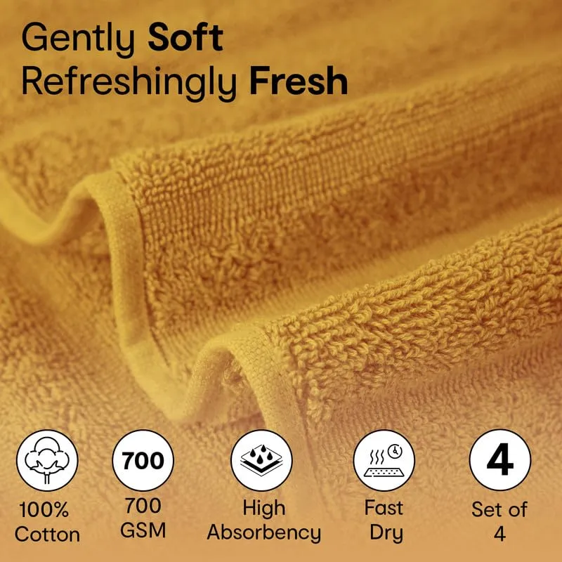 Anko Australia 100% Cotton 700 GSM Ribbed Hand Towel | Set of 4 | Super-Soft, Absorbent, Quick-Drying | Mustard Towel for Men, Women & Kids | 60x40 cm |Travel, Gym, Spa Towel