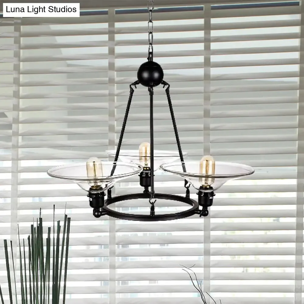 Antique Black Chandelier - 3-Light Clear Glass Cone Pendant Lamp for Living Room