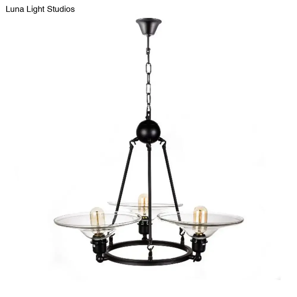 Antique Black Chandelier - 3-Light Clear Glass Cone Pendant Lamp for Living Room