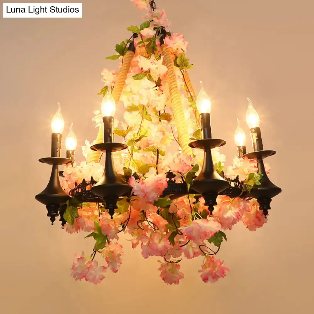 Antique Pink Metal Candle Chandelier - 6-Head LED Pendant Lamp with Cherry Blossom Design for Restaurants