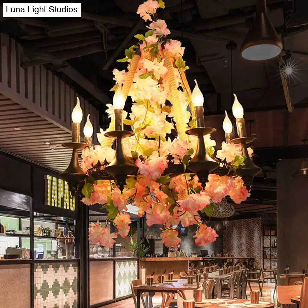 Antique Pink Metal Candle Chandelier - 6-Head LED Pendant Lamp with Cherry Blossom Design for Restaurants