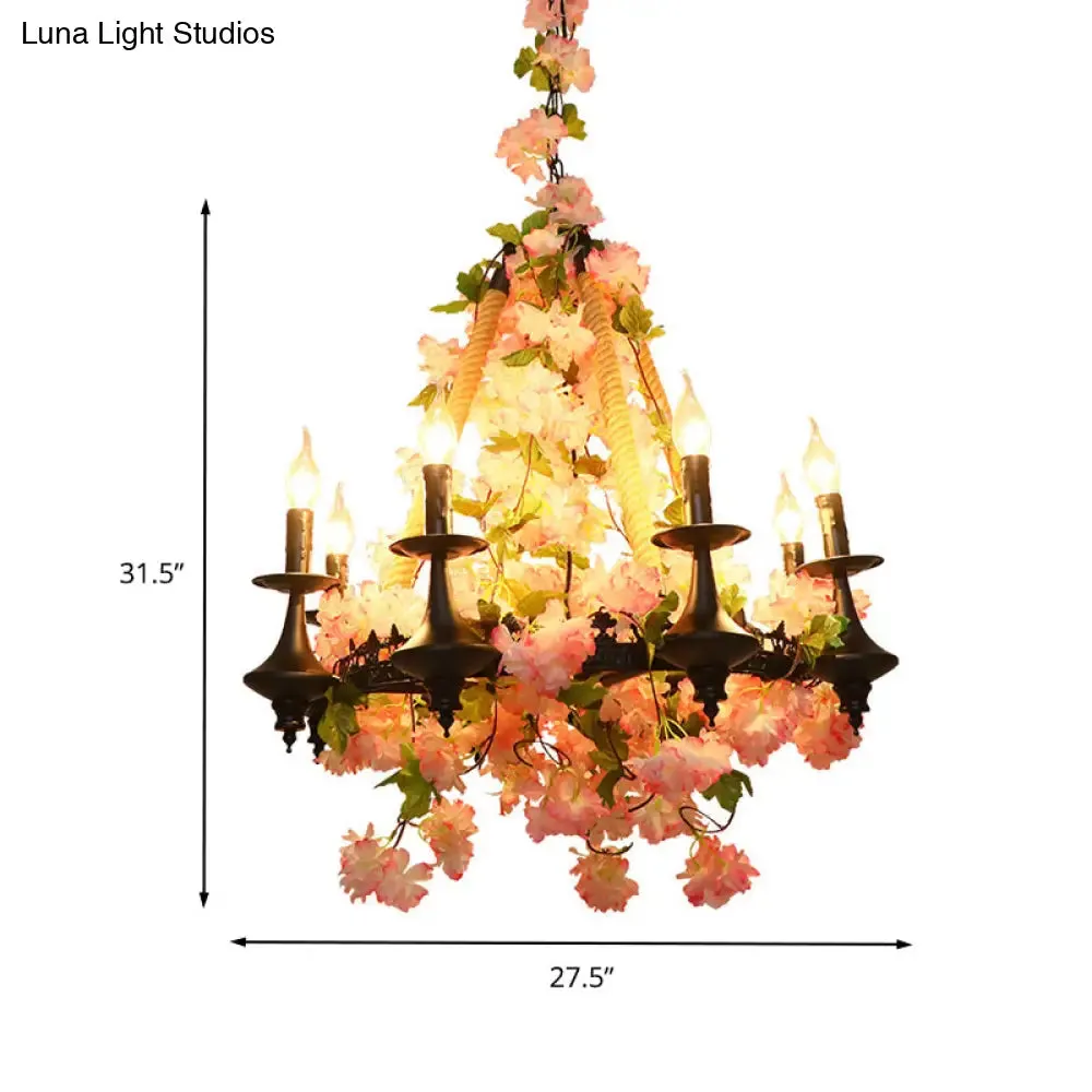 Antique Pink Metal Candle Chandelier - 6-Head LED Pendant Lamp with Cherry Blossom Design for Restaurants