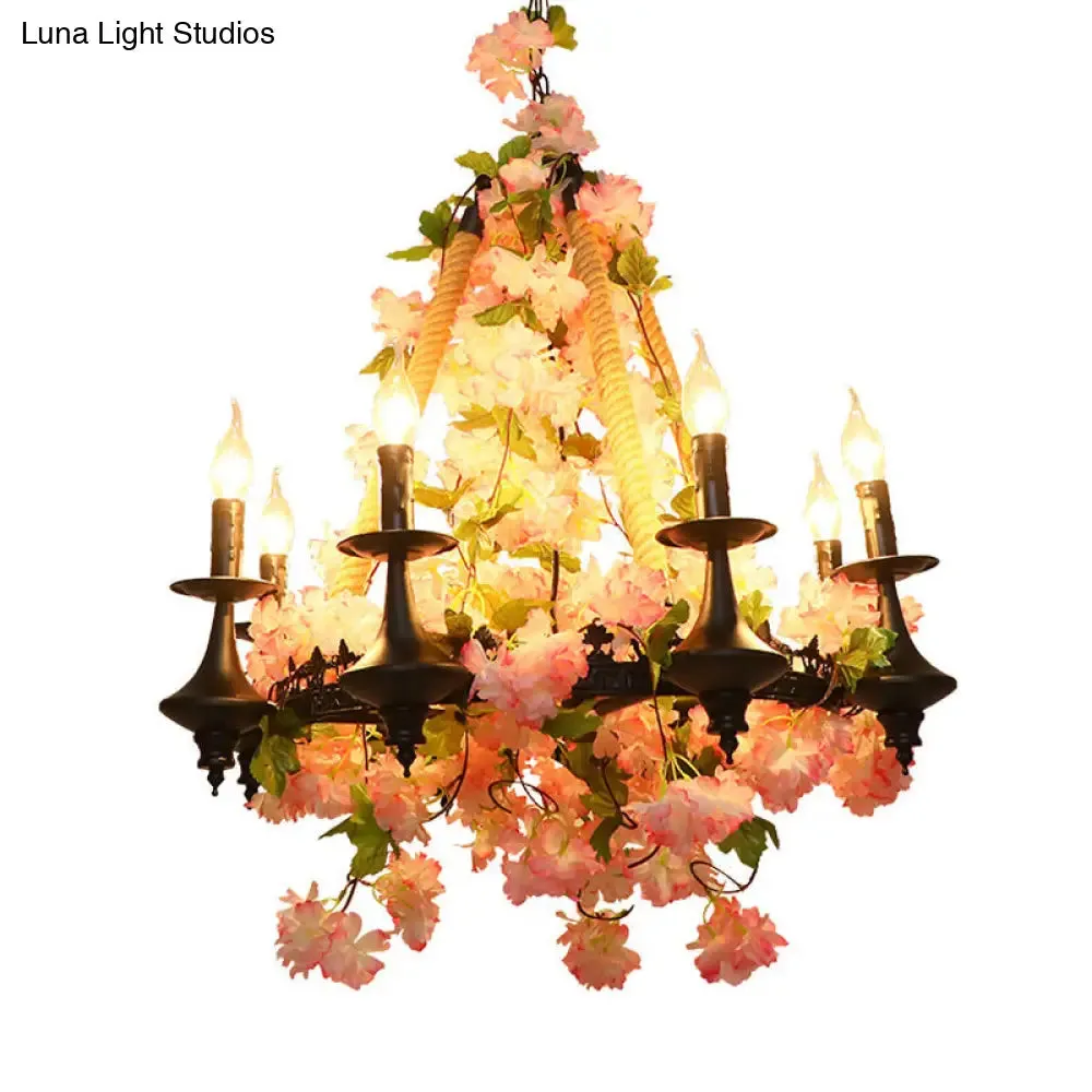 Antique Pink Metal Candle Chandelier - 6-Head LED Pendant Lamp with Cherry Blossom Design for Restaurants