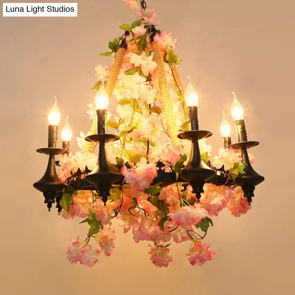 Antique Pink Metal Candle Chandelier - 6-Head LED Pendant Lamp with Cherry Blossom Design for Restaurants