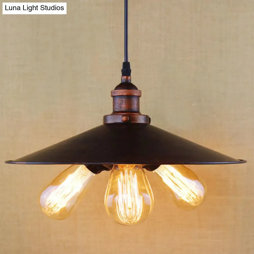 Antique-Style Rust Metal Chandelier Pendant - 3-Light Flat Shade Lighting for Restaurants