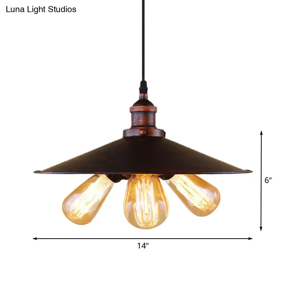 Antique-Style Rust Metal Chandelier Pendant - 3-Light Flat Shade Lighting for Restaurants