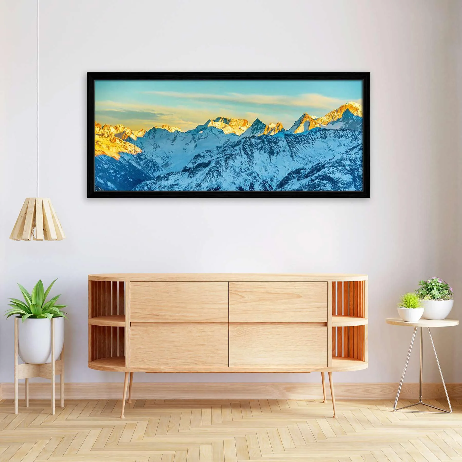 ArtzFolio High Mountains Peaks At Sunset | Canvas Painting for Bedroom & Living Room | Black Frame | 27.6 x 12 inch (70 x 30 cms)