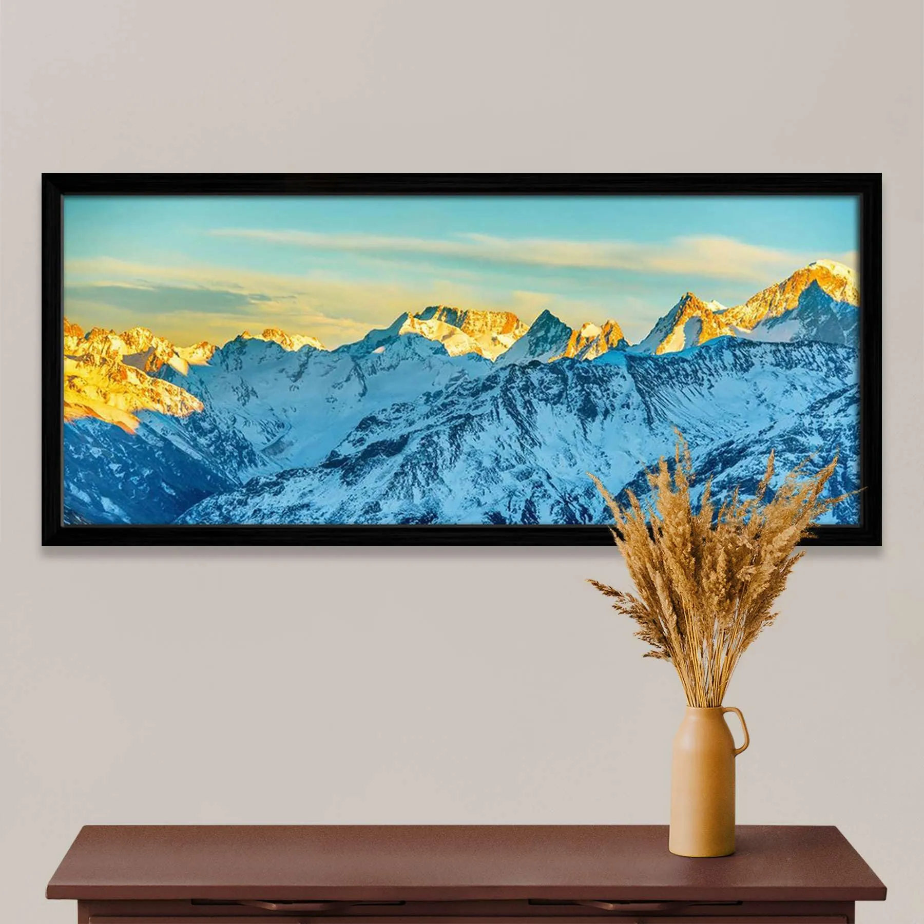 ArtzFolio High Mountains Peaks At Sunset | Canvas Painting for Bedroom & Living Room | Black Frame | 27.6 x 12 inch (70 x 30 cms)