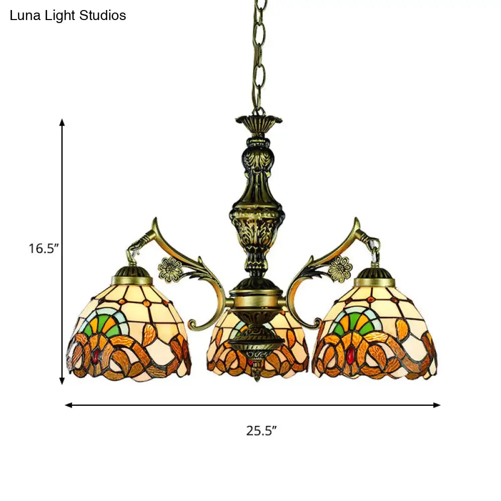 Baroque Style Stained Glass Pendant Lamp - Antique Brass; 3-Light Hanging Light