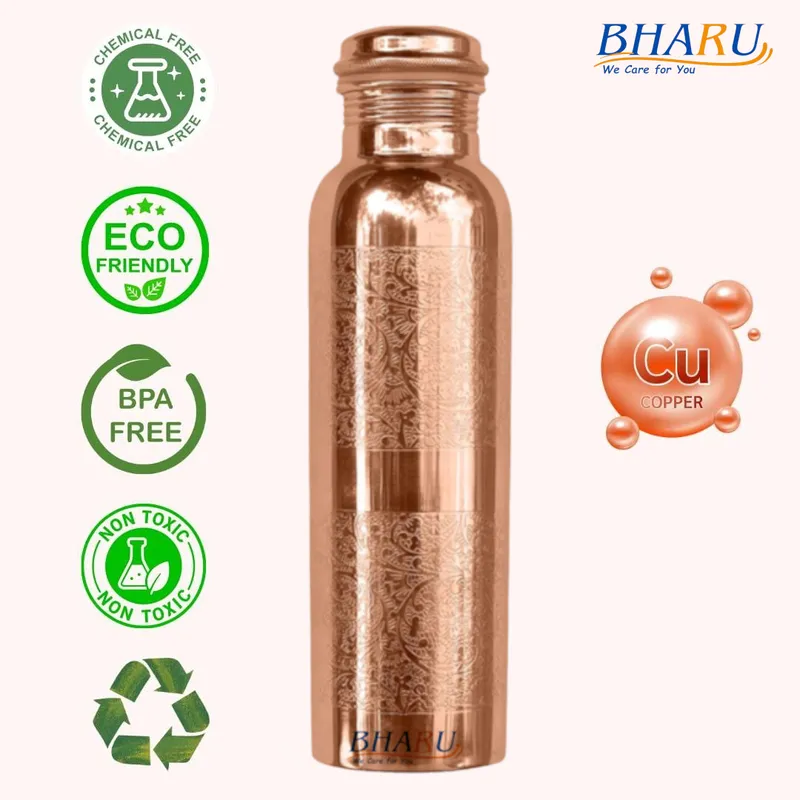 Bharu Embossed Copper Bottle 1000 ml- Pack of 2