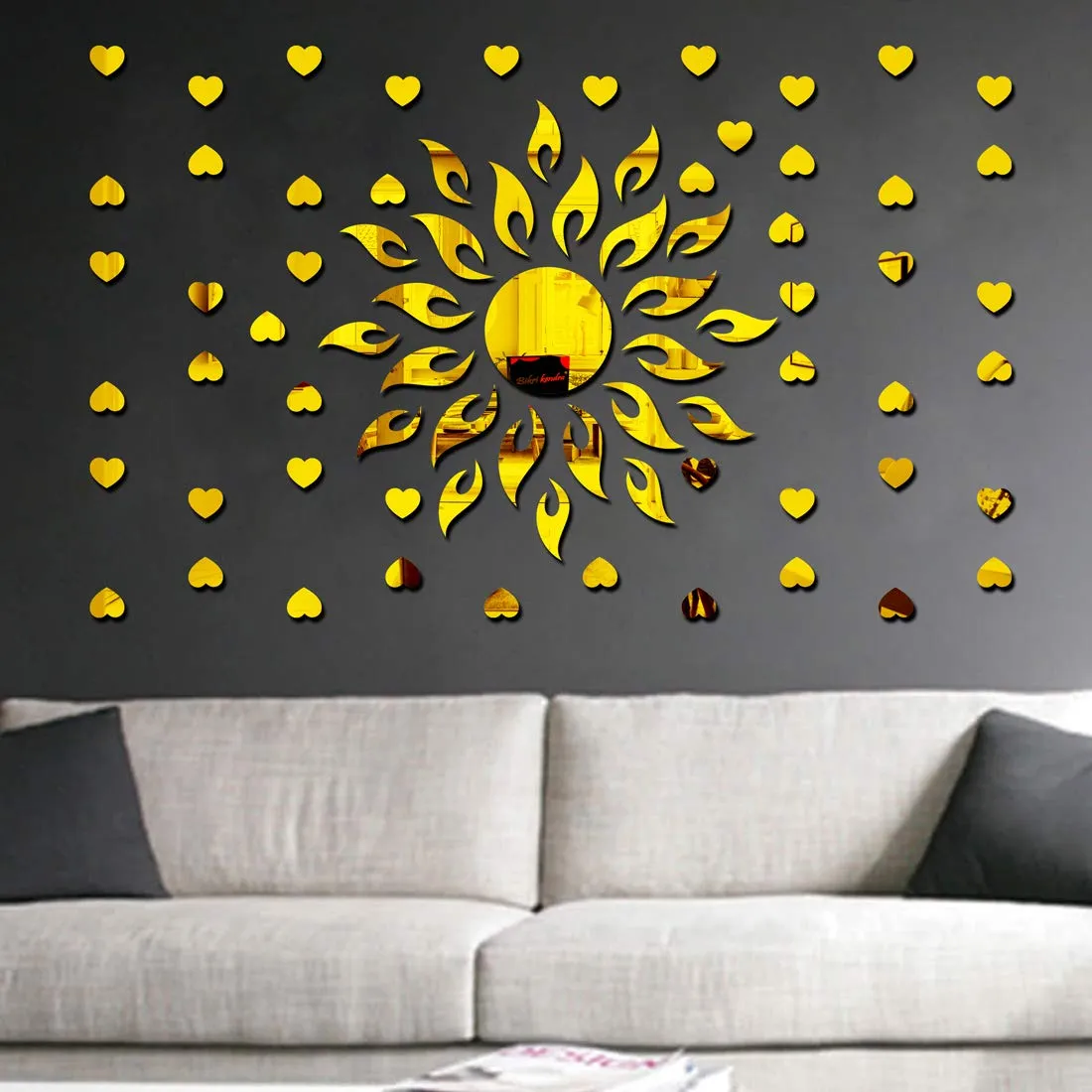 Bikri Kendra Ind - Sun Golden with 50 Heart mirror stickers for wall, acrylic mirror wall decor sticker, wall mirror stickers, Acrylic Stickers, Wall Stickers (Sun Heart)