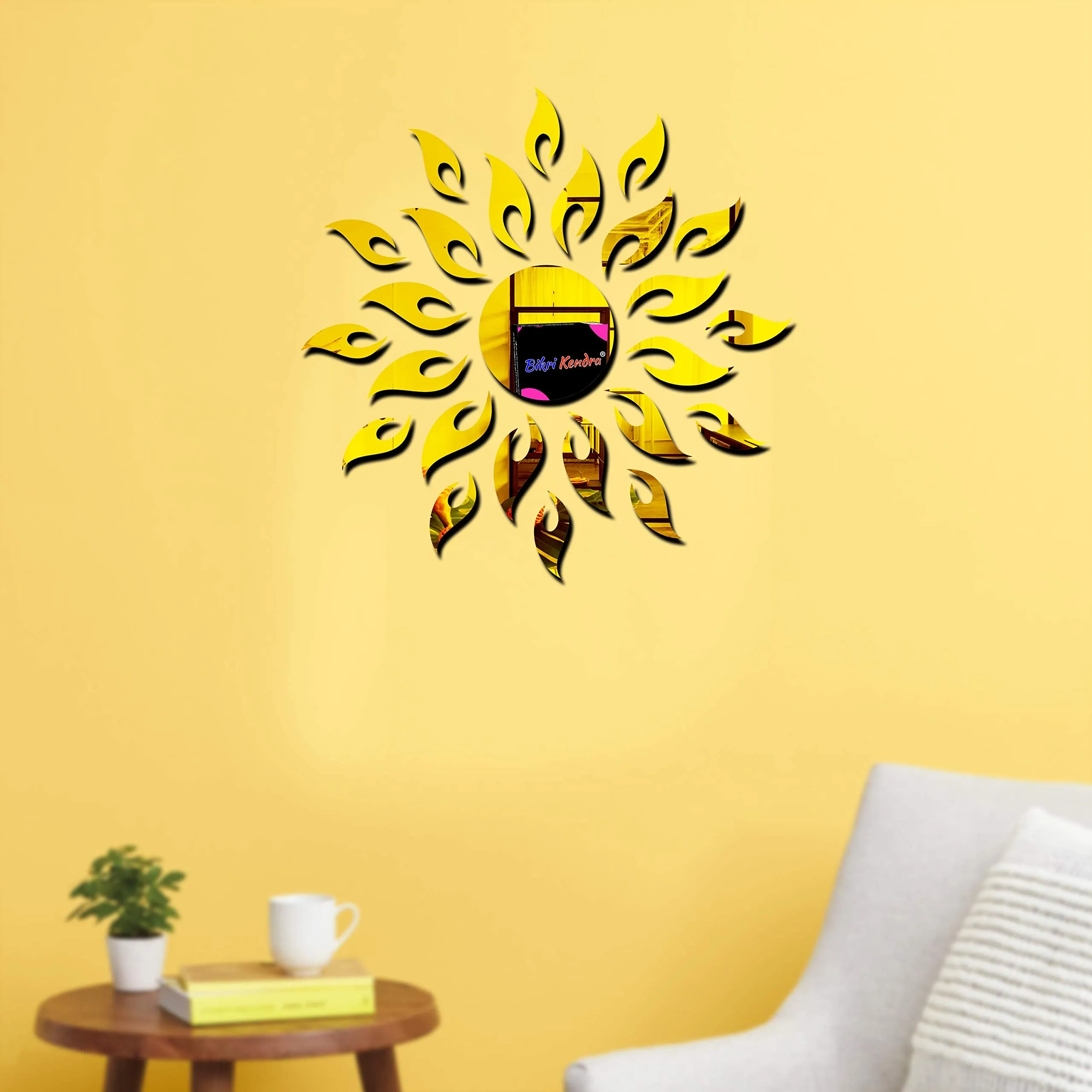 Bikri Kendra Ind - Sun Golden with 50 Heart mirror stickers for wall, acrylic mirror wall decor sticker, wall mirror stickers, Acrylic Stickers, Wall Stickers (Sun Heart)