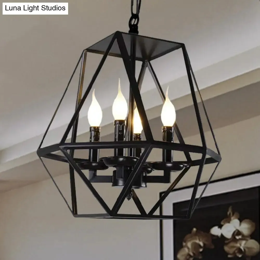 Black Industrial Metal Ceiling Light Fixture with Adjustable Chain - Retro Geometric Cage Chandelier Lamp