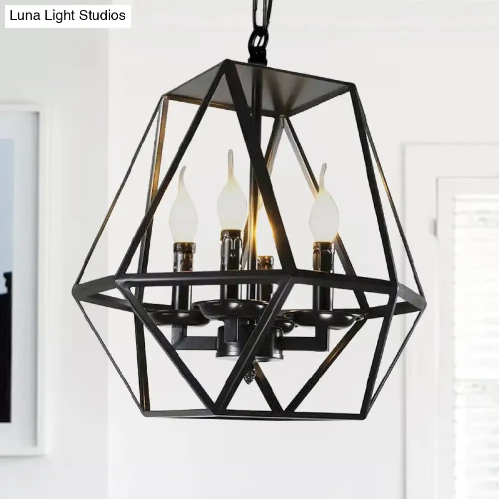 Black Industrial Metal Ceiling Light Fixture with Adjustable Chain - Retro Geometric Cage Chandelier Lamp