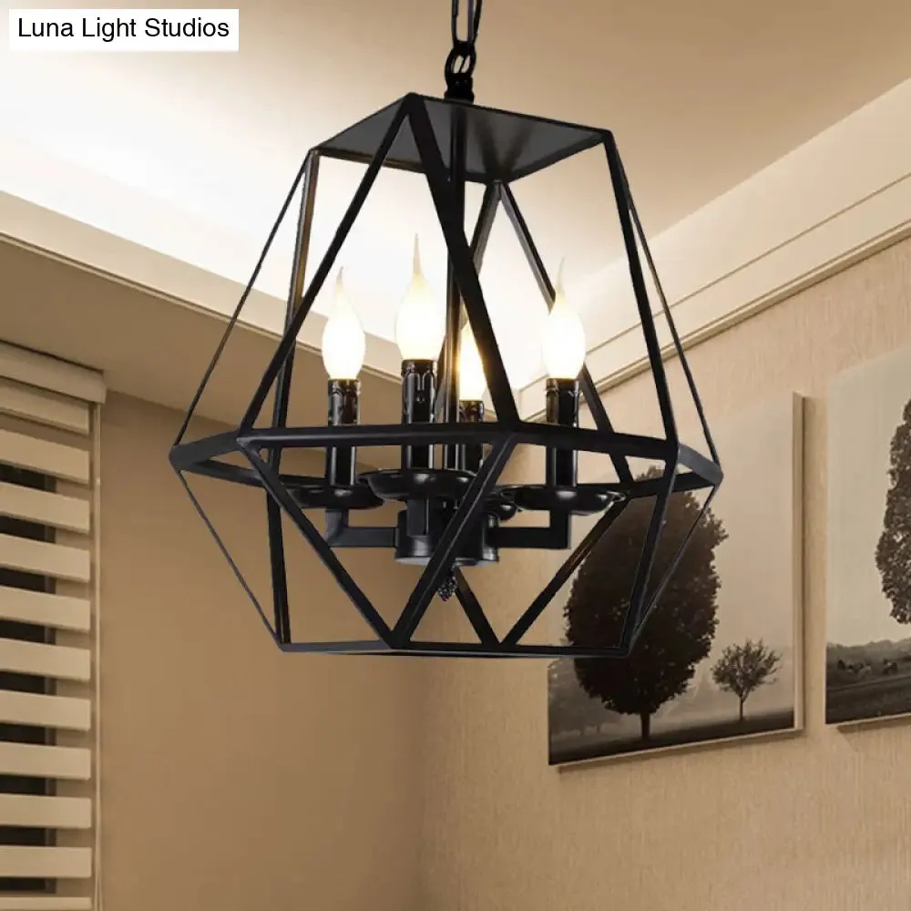 Black Industrial Metal Ceiling Light Fixture with Adjustable Chain - Retro Geometric Cage Chandelier Lamp